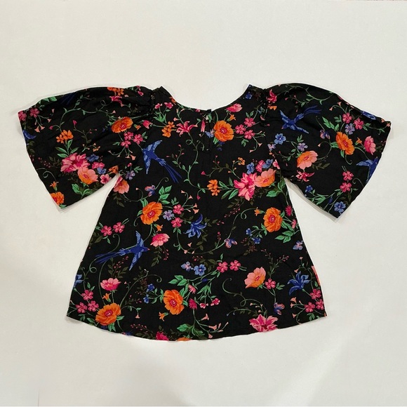 Old Navy Floral Peasant Top Girls L 10 12 Boho Black Ruffle Bell Sleeve Rayon - Picture 2 of 5